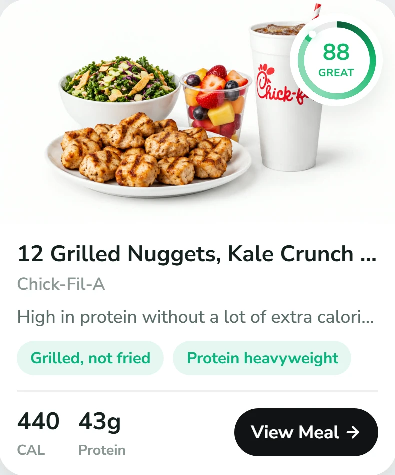 Photo of the 12 Grilled Nuggets, Kale Crunch and Fruit Cup meal, scored 88, great: 440 calories, 43 grams of protein
