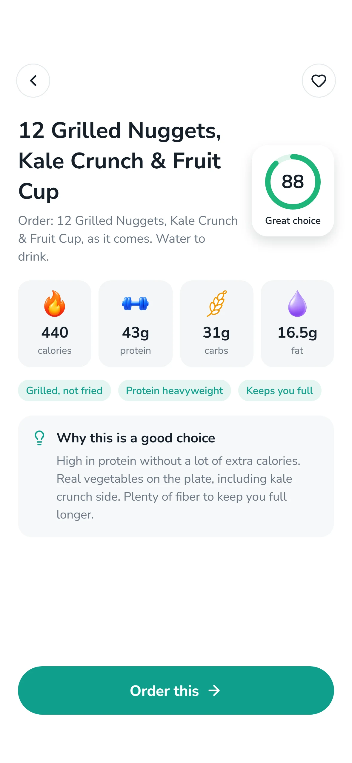 The Chick-fil-A order in Shredo: 12 Grilled Nuggets, Kale Crunch and Fruit Cup, with nutrition and why it is a good choice