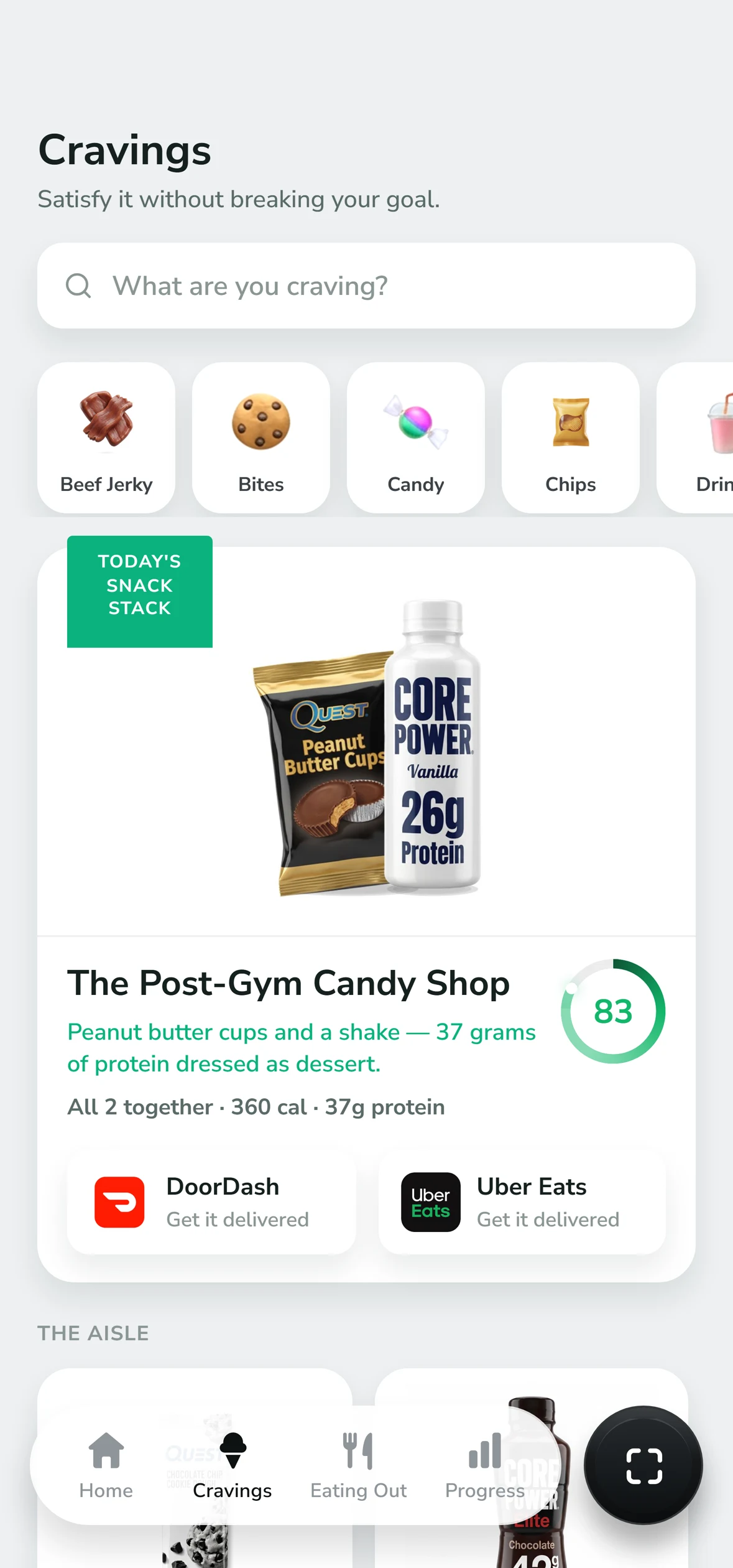 Cravings in Shredo: a snack pack that fits your goal, scored 83, with delivery links